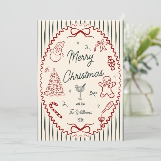Whimsical Hand Drawn Doodles Christmas Photo シーズンカード (スタンド正面)