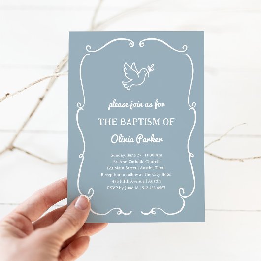 Whimsical Hand-Drawn Dove Blue | Baptism 招待状