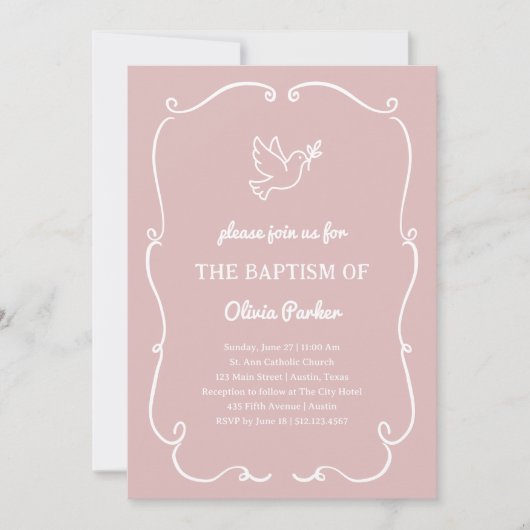 Whimsical Hand-Drawn Dove Pink | Baptism 招待状 (正面)