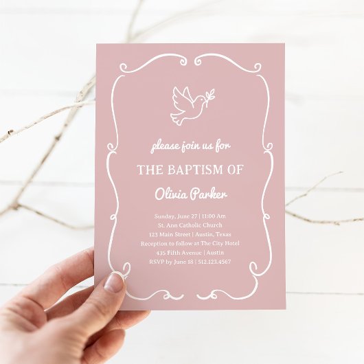 Whimsical Hand-Drawn Dove Pink | Baptism 招待状