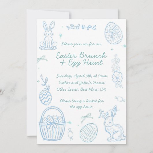 Whimsical Hand drawn Easter Brunch & Egg Hunt 招待状 (正面)