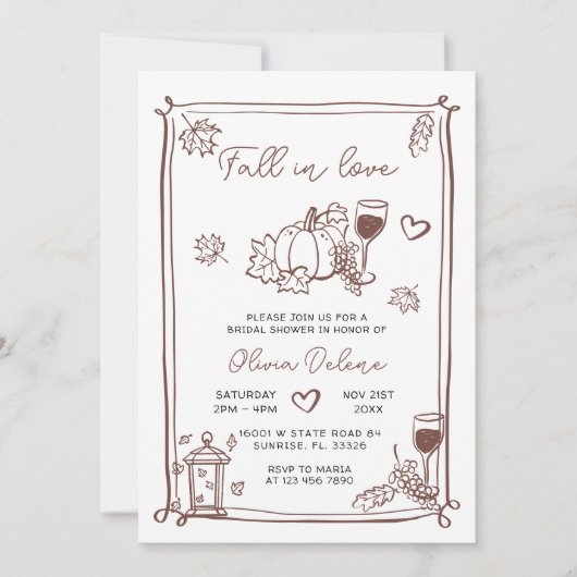 Whimsical Hand Drawn Fall In Love Bridal Shower  招待状 (正面)