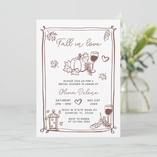 Whimsical Hand Drawn Fall In Love Bridal Shower  招待状 (スタンド正面)