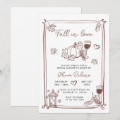 Whimsical Hand Drawn Fall In Love Bridal Shower  招待状 (正面/裏面)