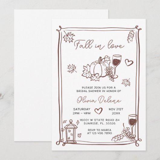 Whimsical Hand Drawn Fall In Love Bridal Shower  招待状 (正面/裏面)