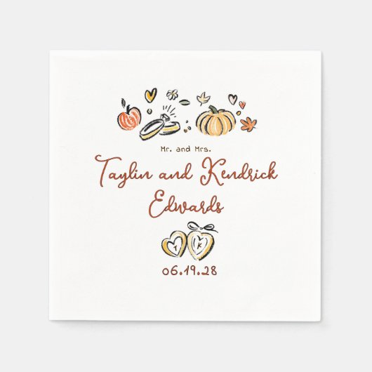 Whimsical Hand Drawn Fall Love Wedding Napkins スタンダードカクテルナプキン (正面)