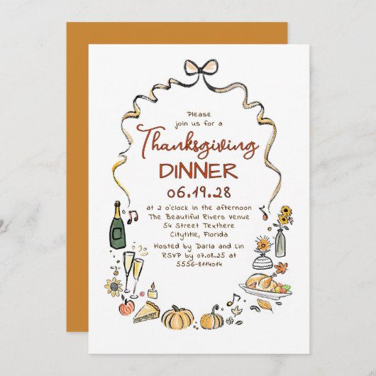 Whimsical Hand Drawn Fall Thanksgiving Dinner 招待状 (正面/裏面)