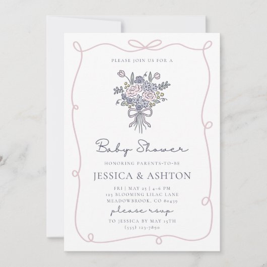 Whimsical hand-drawn flowers and frame baby shower 招待状 (正面)