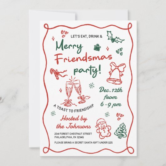 Whimsical Hand Drawn Friendsmas Christmas Party 招待状 (正面)
