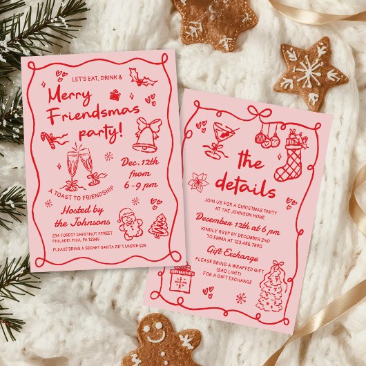 Whimsical Hand Drawn Friendsmas Christmas Party 招待状