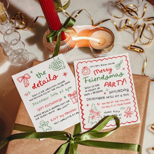 Whimsical Hand Drawn Friendsmas Christmas Party 招待状