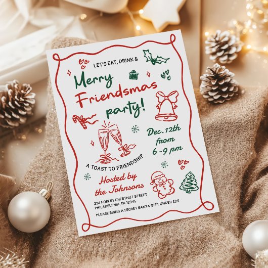 Whimsical Hand Drawn Friendsmas Christmas Party 招待状