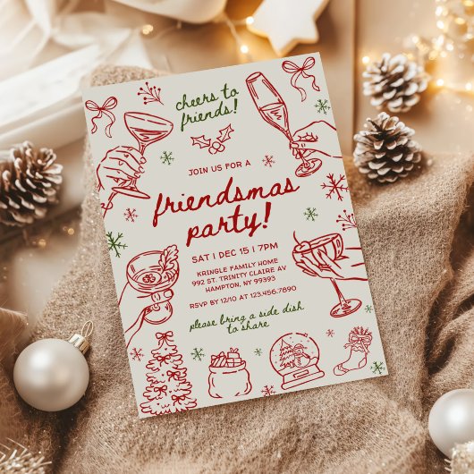 Whimsical Hand Drawn Friendsmas Christmas Party 招待状