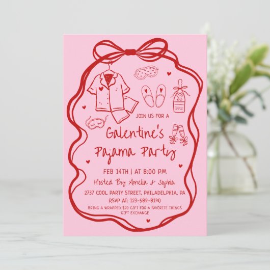 Whimsical Hand Drawn Galentine's Pajama Party  招待状 (スタンド正面)