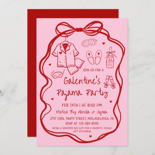 Whimsical Hand Drawn Galentine's Pajama Party  招待状 (正面/裏面)