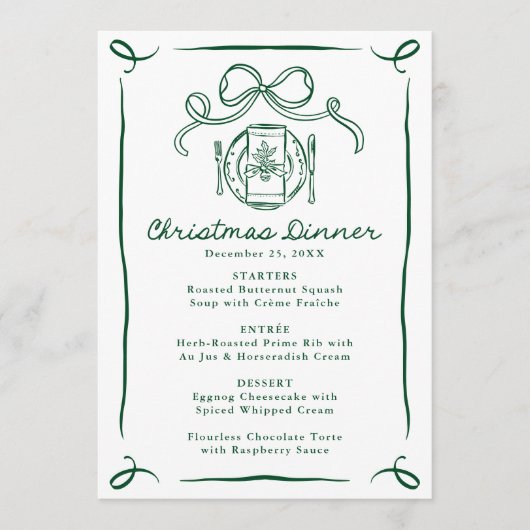 Whimsical Hand-Drawn Green Bow Christmas Dinner メニュー (正面)