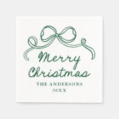 Whimsical Hand-Drawn Green Bow Merry Christmas スタンダードカクテルナプキン (正面)