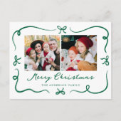 Whimsical Hand-Drawn Green Bows 2 Photo Christmas シーズンポストカード (正面)
