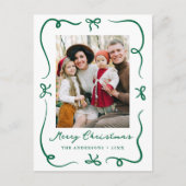 Whimsical Hand-Drawn Green Bows Photo Christmas シーズンポストカード (正面)