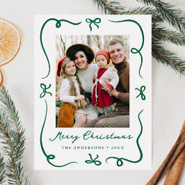Whimsical Hand-Drawn Green Bows Photo Christmas シーズンポストカード