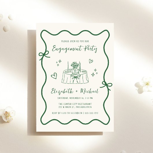 Whimsical Hand Drawn Green Cream Engagement Party 招待状