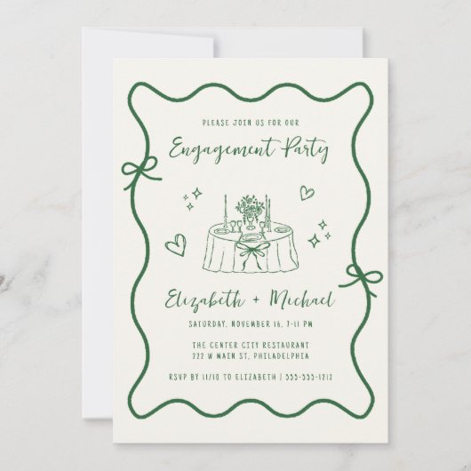 Whimsical Hand Drawn Green Cream Engagement Party 招待状 (正面)