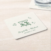 Whimsical Hand Drawn Green Cream Wedding スクエアペーパーコースター (アングル)