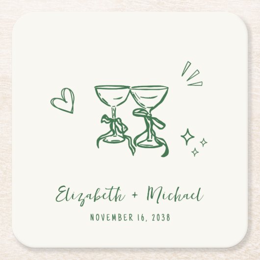 Whimsical Hand Drawn Green Cream Wedding スクエアペーパーコースター (正面)