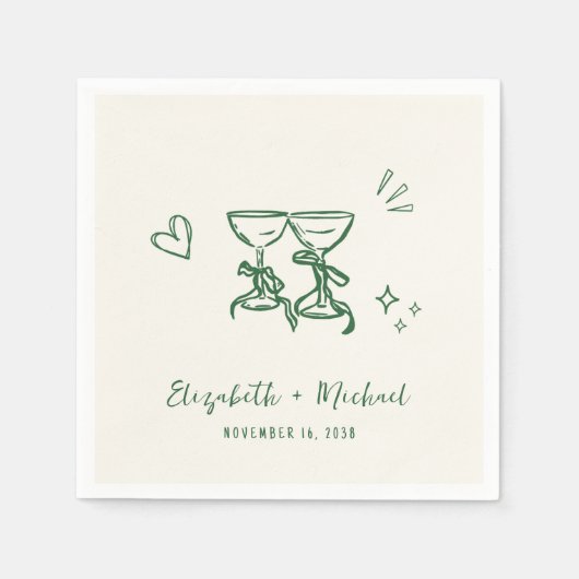 Whimsical Hand Drawn Green Cream Wedding スタンダードカクテルナプキン (正面)