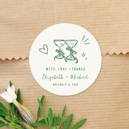 Whimsical Hand Drawn Green Cream Wedding Thank You ラウンドシール