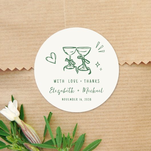 Whimsical Hand Drawn Green Cream Wedding Thank You ラウンドシール