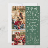 Whimsical Hand Drawn Green Merry Christmas 2 Photo シーズンカード (正面)