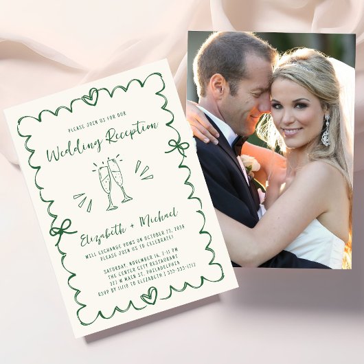 Whimsical Hand Drawn Green Photo Wedding Reception 招待状