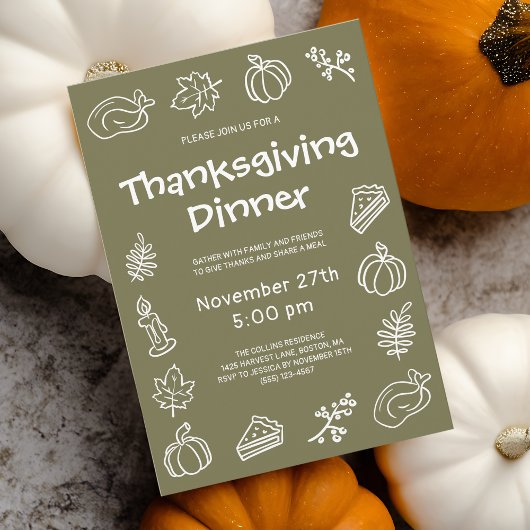 Whimsical Hand Drawn Green Thanksgiving Dinner 招待状