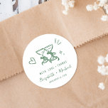 Whimsical Hand Drawn Green Wedding Thank You ラウンドシール<br><div class="desc">Romantic wedding stickers for your party favors and thank you cards featuring whimsical hand-drawn green illustrations of a heart,  stars and wine glasses,  and "with love   thanks" and the names of the bride and groom in playful green script and lettering.</div>