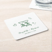 Whimsical Hand Drawn Green Wine Glasses Wedding スクエアペーパーコースター (アングル)