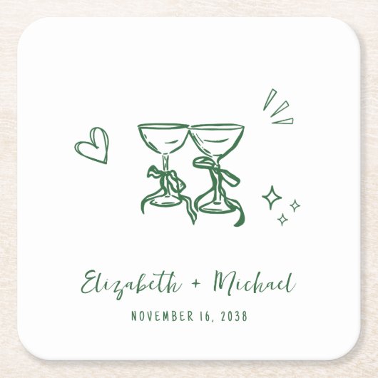 Whimsical Hand Drawn Green Wine Glasses Wedding スクエアペーパーコースター (正面)