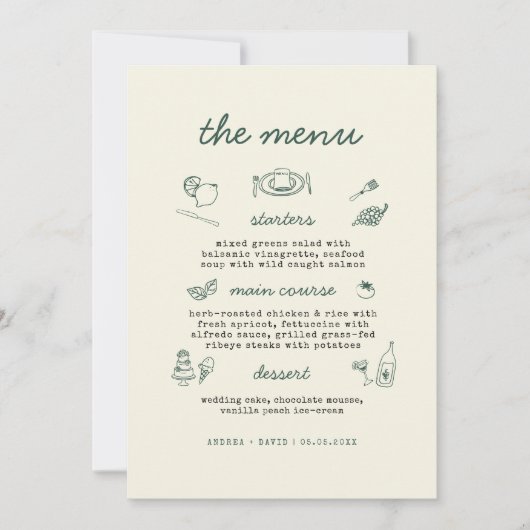 Whimsical Hand Drawn Handwritten Wedding Menu Card 招待状 (正面)