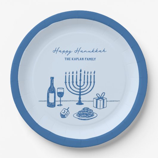 Whimsical Hand Drawn Hanukkah Party Trendy Custom ペーパープレート (正面)