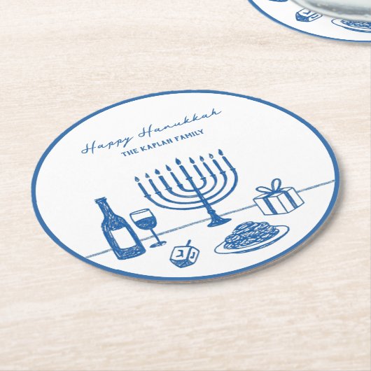 Whimsical Hand Drawn Hanukkah Party Trendy Custom ラウンドペーパーコースター (アングル)