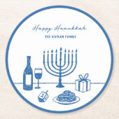 Whimsical Hand Drawn Hanukkah Party Trendy Custom ラウンドペーパーコースター (正面)
