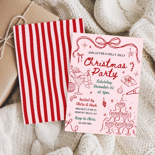 Whimsical Hand Drawn Holly Jolly Christmas Party 招待状