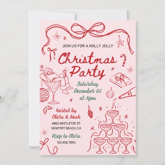 Whimsical Hand Drawn Holly Jolly Christmas Party 招待状 (正面)