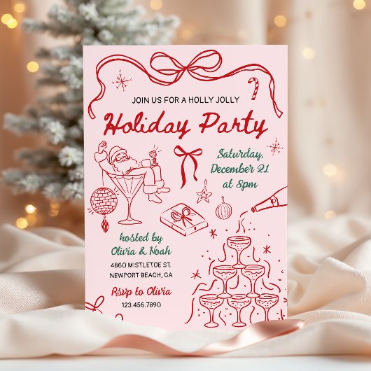 Whimsical Hand Drawn Holly Jolly Holiday Party 招待状