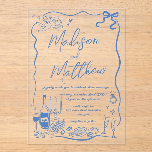 Whimsical Hand Drawn Illustrations Doodles Wedding アクリル招待状 (正面)