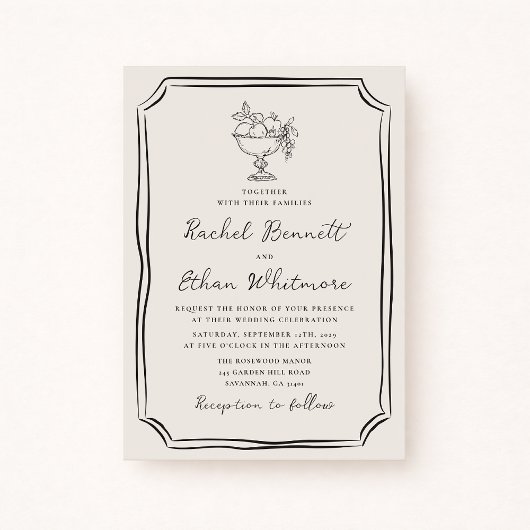 Whimsical Hand-Drawn Ivory Wedding Invitation 案内状