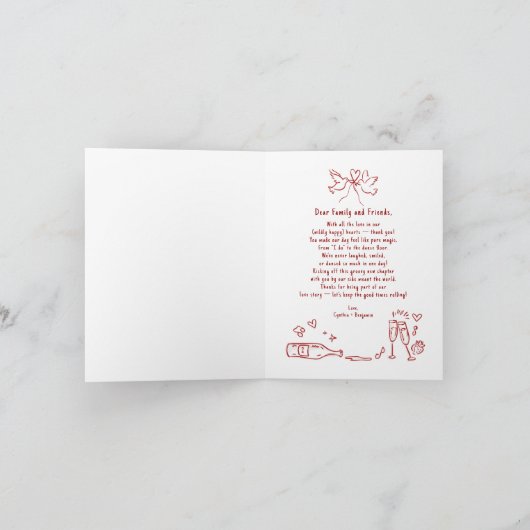 Whimsical Hand Drawn Just Married Car Wedding サンキューカード (内部)