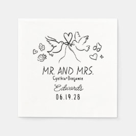 Whimsical Hand Drawn Love Birds Wedding Napkins スタンダードカクテルナプキン