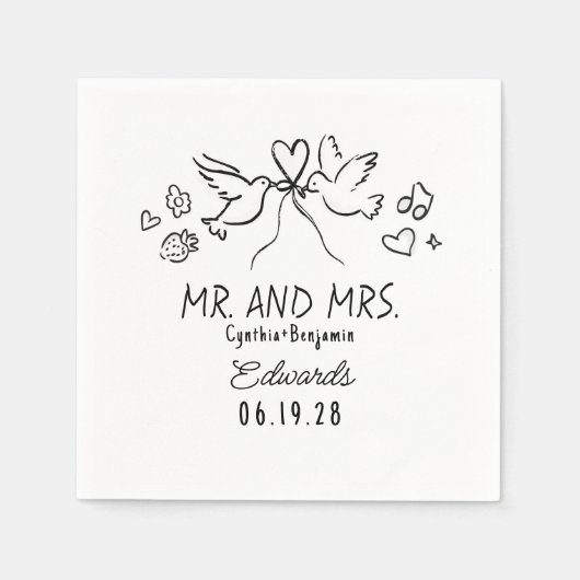 Whimsical Hand Drawn Love Birds Wedding Napkins スタンダードカクテルナプキン (正面)