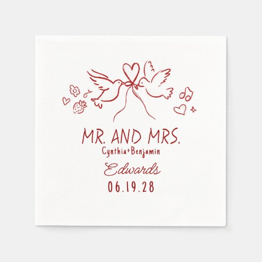 Whimsical Hand Drawn Love Birds Wedding Napkins スタンダードカクテルナプキン (正面)